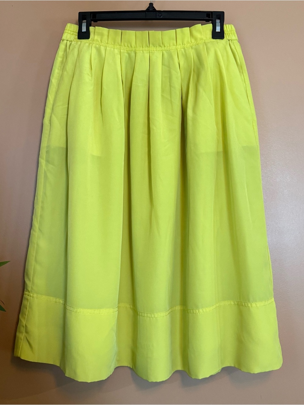 J.Crew Neon Yellow Pleated A-Line Midi Skirt 12P Petite Pockets Career Workwear